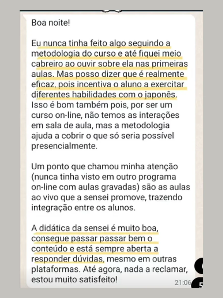 Mensagem de aluno elogiando a metodologia do curso e as aulas ao vivo