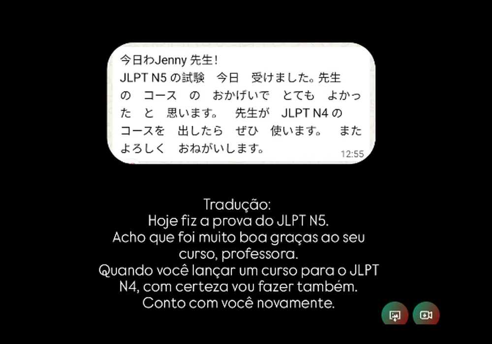 Aluno avisa, em japonês, que fez a prova do JLPT N5 e agradece a professora