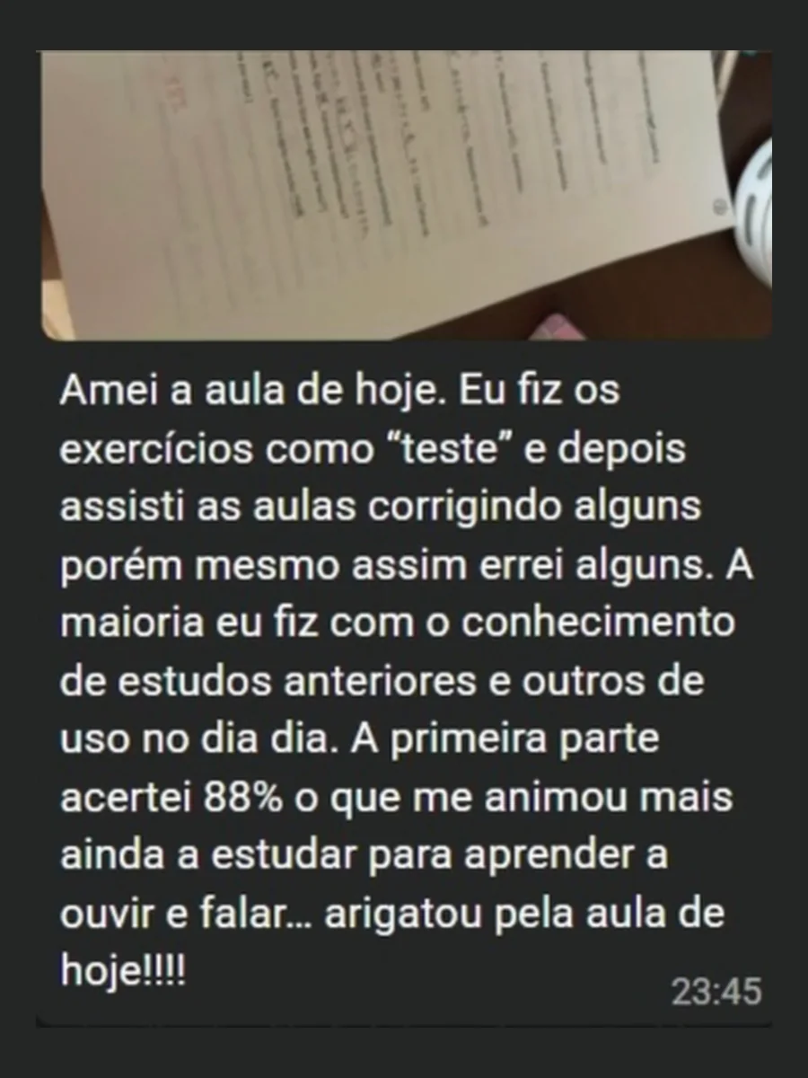 Aluna comemora 88% de acertos nos exercícios e agradece a aula do dia
