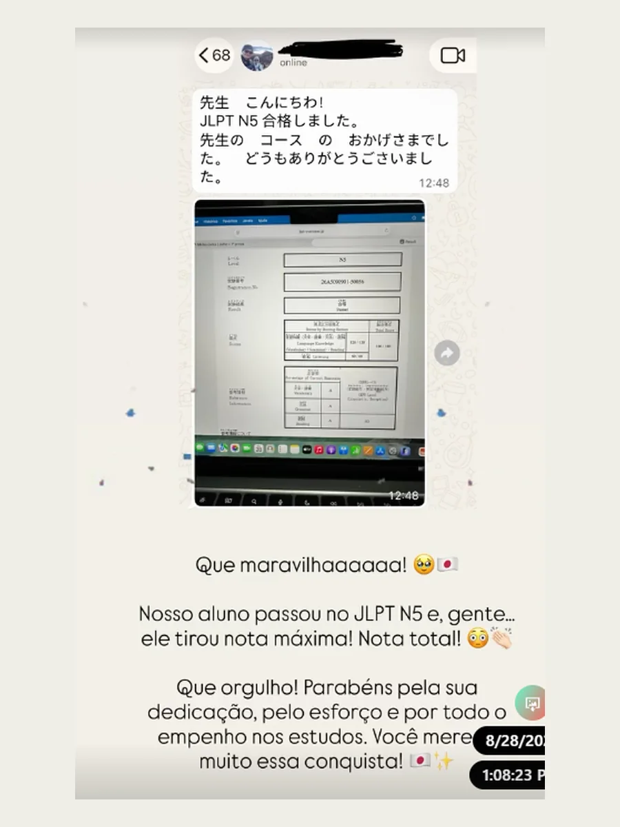 Comemoração de aluno aprovado com nota máxima no JLPT N5