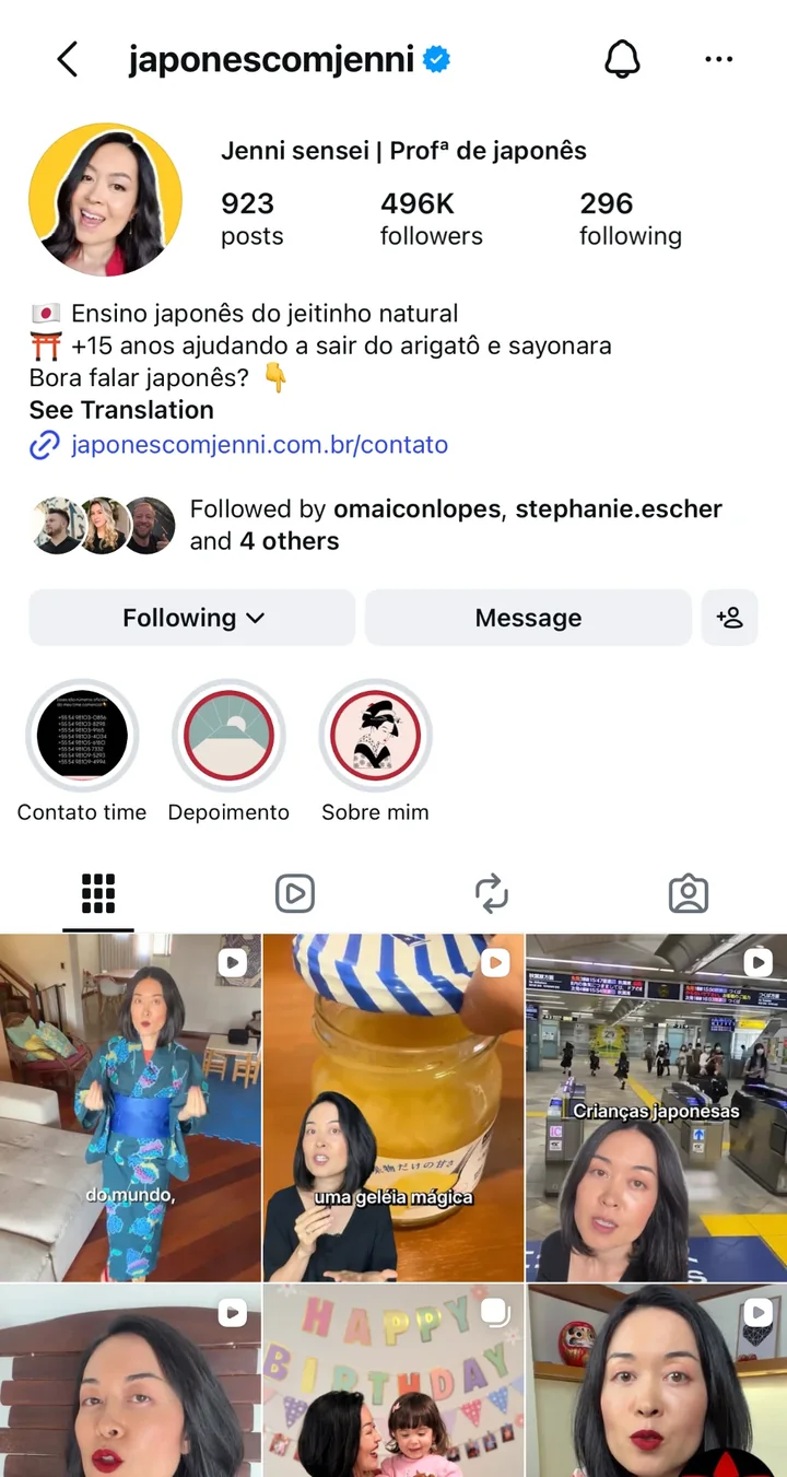 Perfil de Jenni Sensei no Instagram, @japonescomjenni